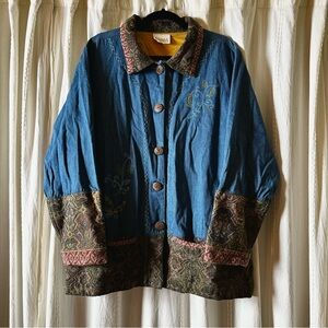 VINTAGE CEDAR CANYON Embroidery and Tapestry Patchwork Denim Jacket Women’s L